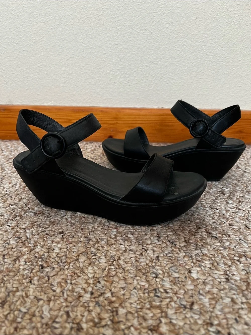 Camper Black Leather Wedge Sandals with Buckle Strap